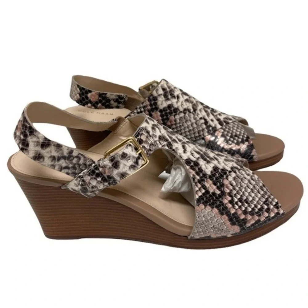Cole Haan Grand Ambition Wedge Sandals Womens 10 Snakeskin Slingback Beige